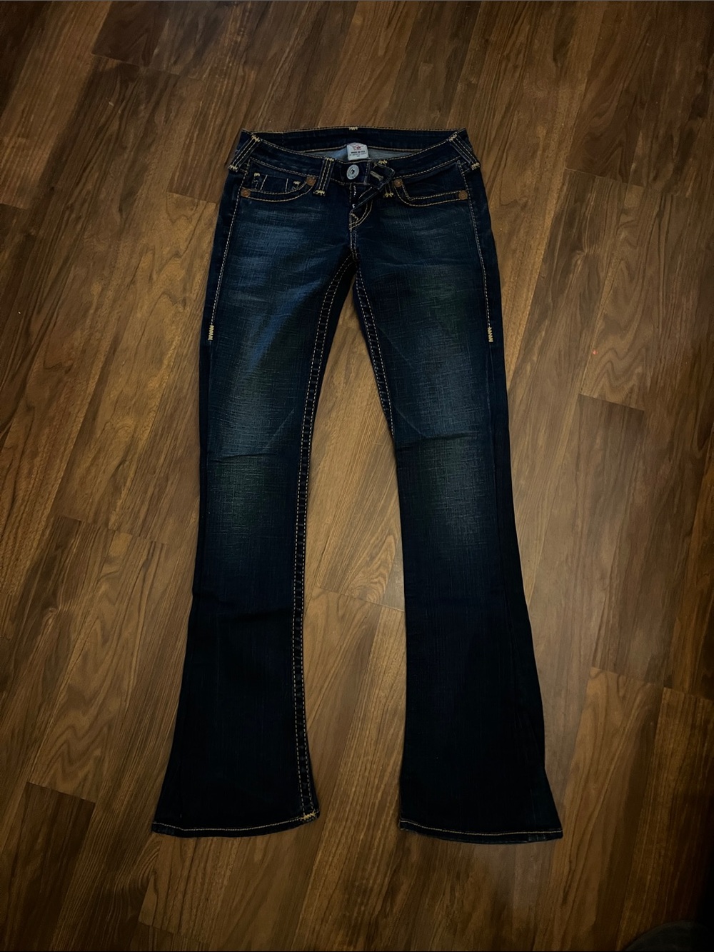 True Religion Dark Indigo Flare Jeans with Contrast Stitching
